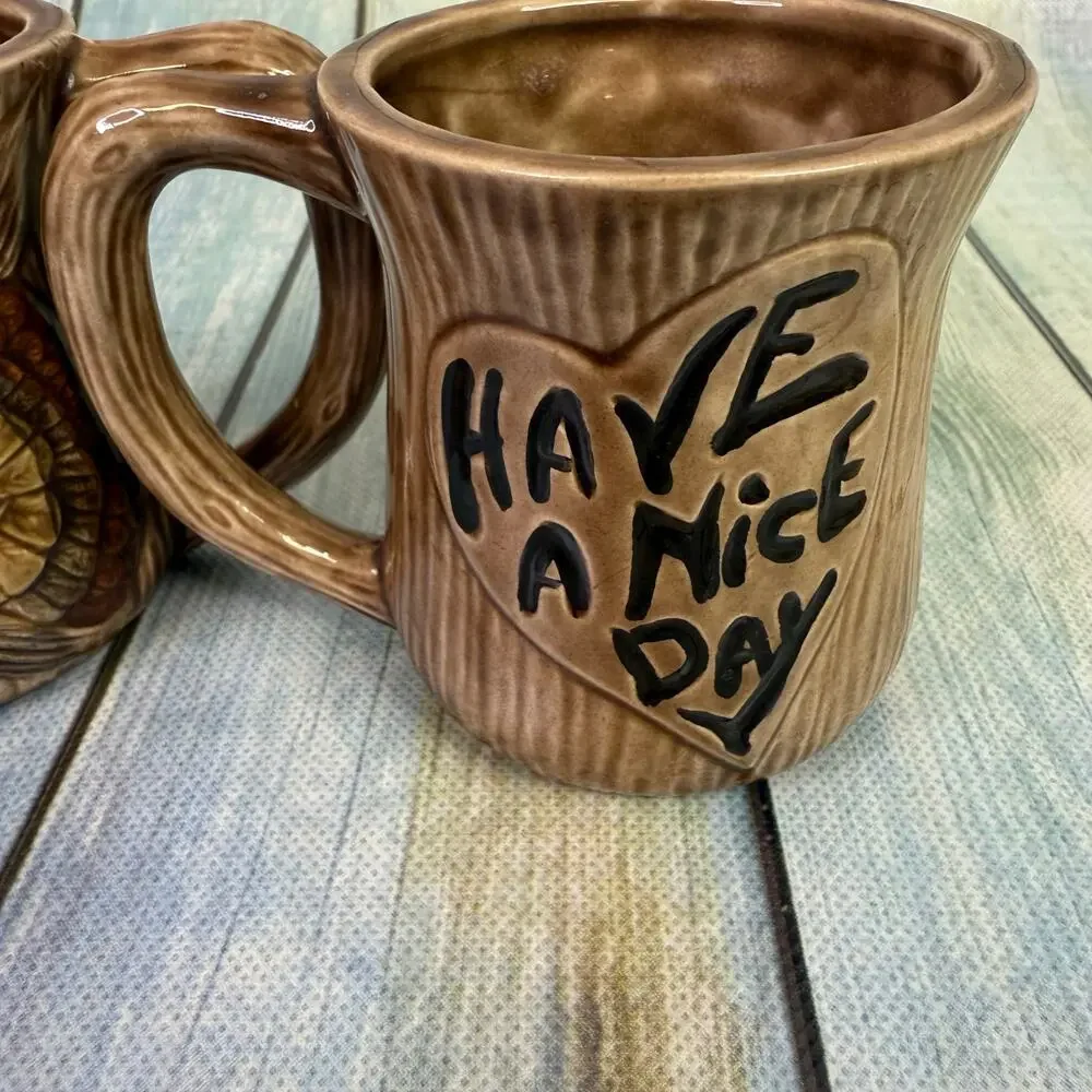 Owl Coffee Mug Set Of Two Vintage 70s Retro Brown Have A Nice Day Tea Hippie